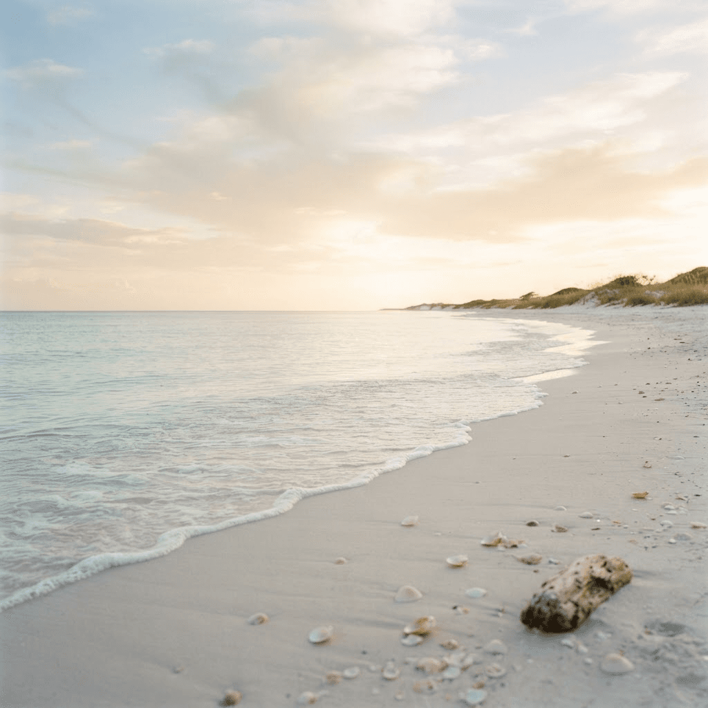 Sunlit beach with shells and driftwood