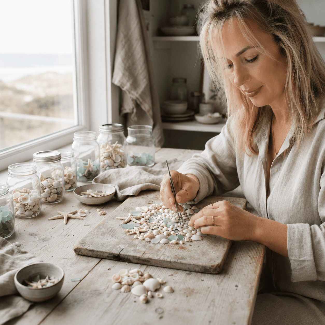 Andreea arranging shells in the studio
