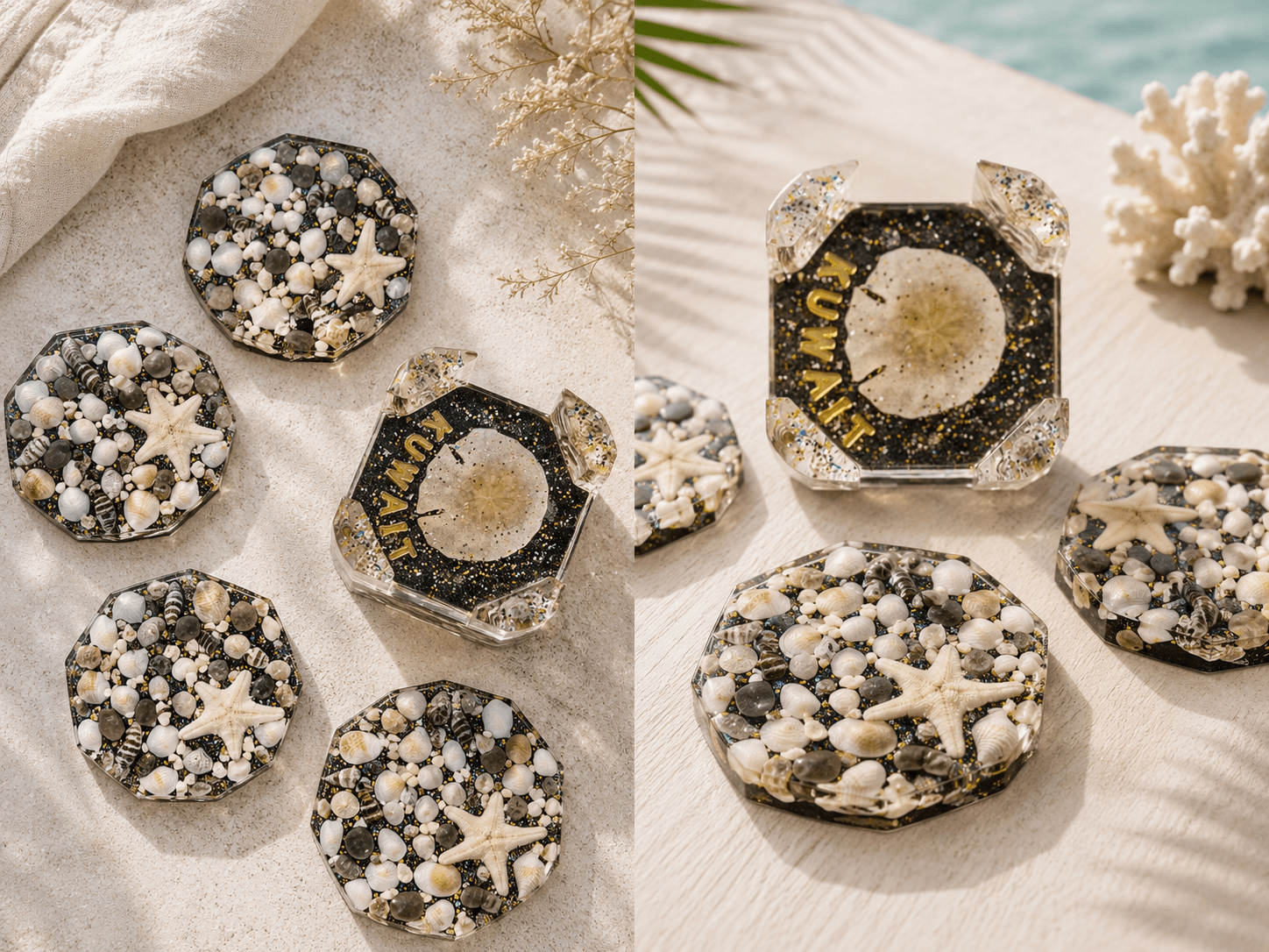 Handmade Kuwait Coastal Resin Coaster Set with Holder