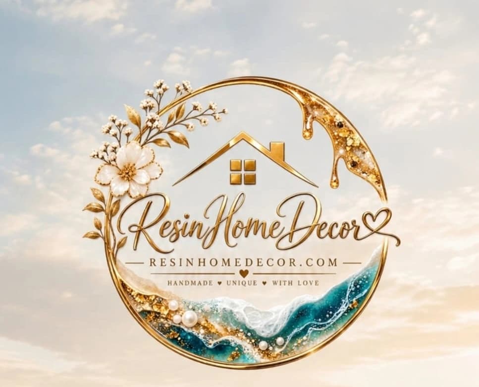 Resin Home Decor — gold floral emblem with turquoise resin waves. Handmade, unique, with love.