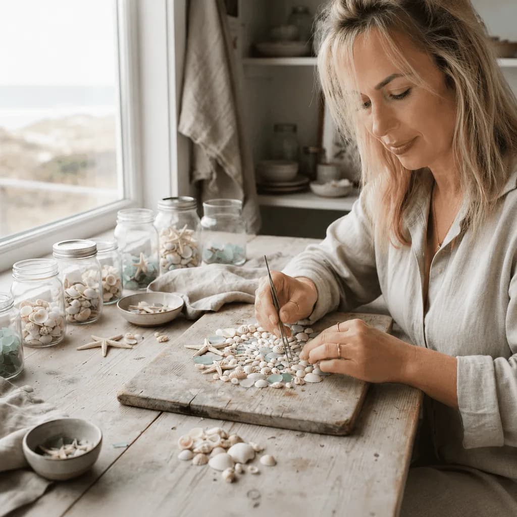 Andreea arranging shells in the studio