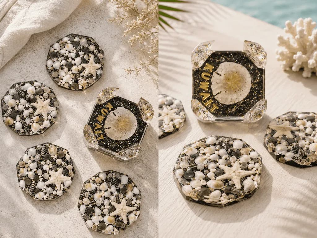 Handmade Kuwait Coastal Resin Coaster Set with Holder